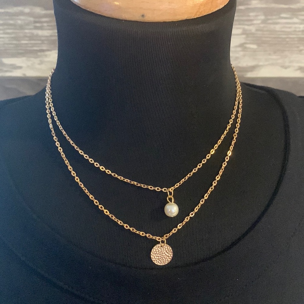 Gold tone multi strand Lariat necklace pearl coin accent adjustable…